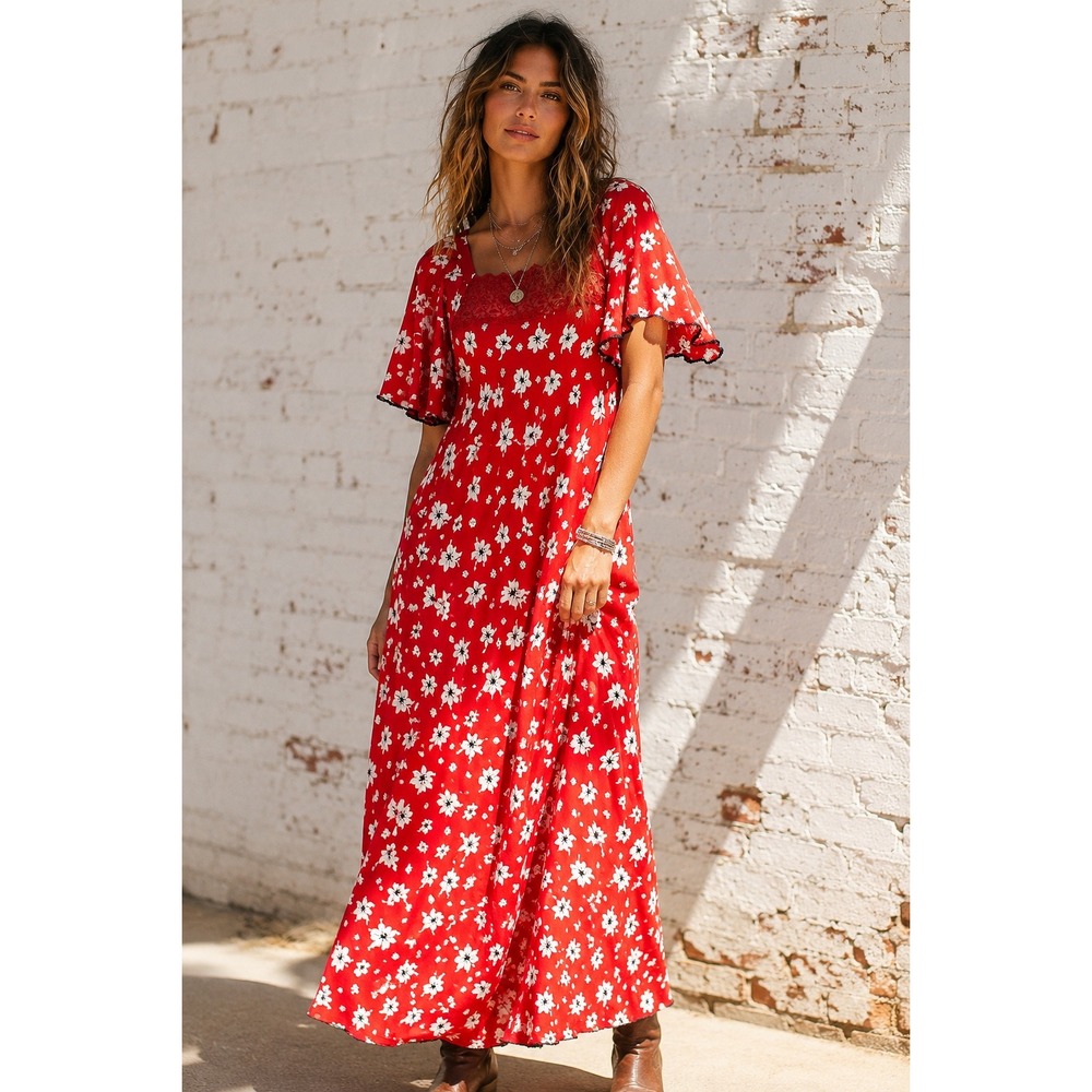 Vintage Red Floral Rayon Maxi Dress Lace Square Neck Flutter Sleeve romantic L